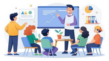 Illustration of 15   students presenting a project at whiteboard #3573