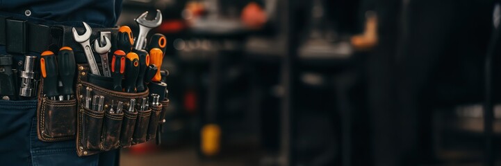 Person wearing a leather tool belt with tools like hammers, screwdrivers, and pliers. Handcrafted pouch for workers in the service industry, for sale banner or service poster with copy space.