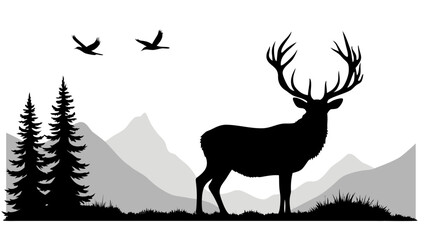 Majestic stag with antlers stands in a mountain landscape with birds flying deer