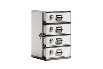 High-resolution filing cabinet with multiple drawers and metal handles, isolated on transparent background in PNG format for office organization, digital cutout, and workspace interior design mockups
