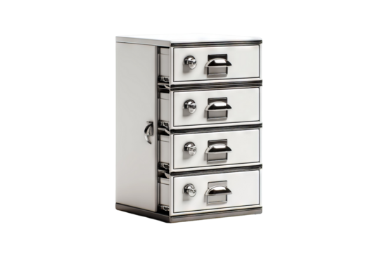 High-resolution filing cabinet with multiple drawers and metal handles, isolated on transparent background in PNG format for office organization, digital cutout, and workspace interior design mockups