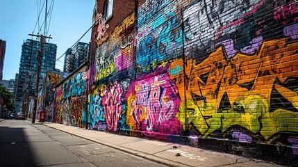 Fototapeta premium Vibrant Graffiti Art Adorning a Brick Wall in an Urban Streetscape