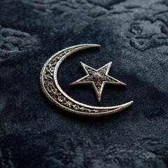 Silver Crescent Moon and Star Decoration on Dark Fabric Background