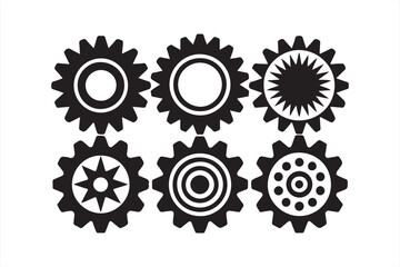 Set of black gears with different patterns, including circles, stars, and concentric designs, for industrial and mechanical concepts