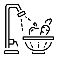 A linear style icon representing washing fruits 