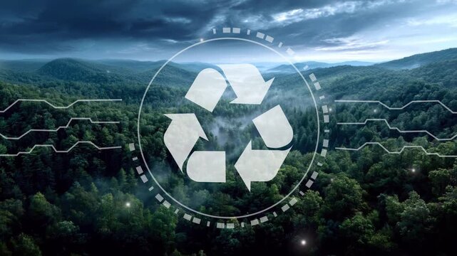Recycling and Sustainability Concept. Eco-Friendly Symbol over Green Forest Landscape with Futuristic Technology Interface, Cyber Technology and Computer