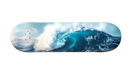 Surreal image of a skateboard deck with a hyperrealistic ocean wave perpetually breaking along its surface, isolated on Transparent Background