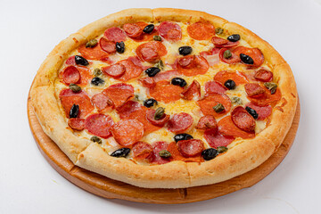 Savor the golden crust, spicy pepperoni, and tangy olives on this delicious pizza