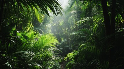 A dense jungle with lush green foliage and sunlight filtering through the leaves, creating a mystical atmosphere.