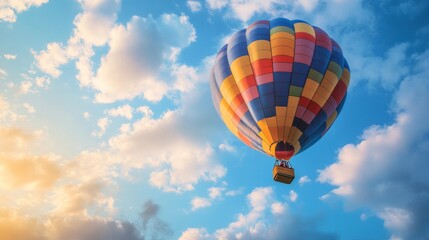 Fototapeta premium A colorful hot air balloon flies through a bright blue sky with fluffy white clouds.