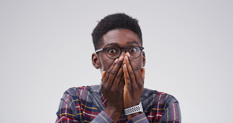 Portrait, surprise and man with gasp for news, studio or reaction for revelation of secret or...