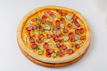 Freshly baked pizza with crispy edges, featuring savory toppings and a vibrant mix of flavors