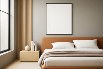 Modern bedroom interior with blank frame above bed, minimalist decor and natural light in cozy contemporary room with warm tones and clean design.