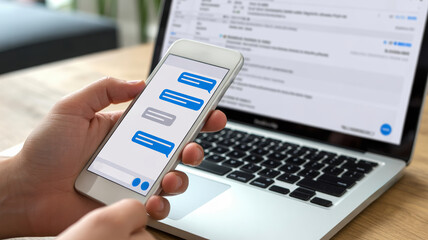 AI customer support for ecommerce. Person holding smartphone with chatbot conversation, laptop with email open background. AI for service