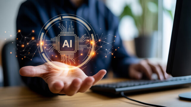 AI customer support for ecommerce. AI technology innovation digital business hand computer futuristic intelligence concept modern. AI for service