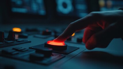 Finger presses glowing red button on futuristic control panel in dark room