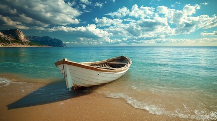 Naklejka premium A small white boat sits on a sandy beach with clear blue water and mountains in the distance.
