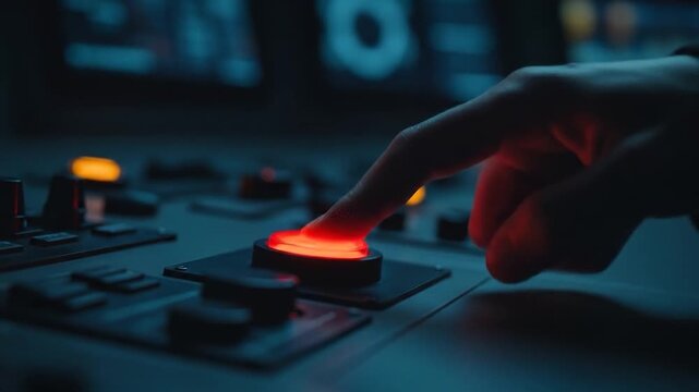 Finger presses glowing red button on futuristic control panel in dark room