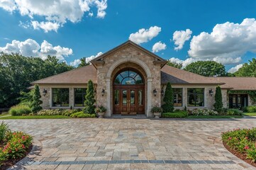 Naklejka premium Stunning traditional mansion featuring arched entryway, topiary shrubs, and grand driveway captured on sunny day