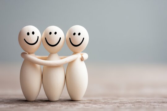 Three cheerful wooden figures represent the essence of friendship, unity, and joy in a minimalist setting, showcasing the beauty of connections and emotional well-being among individuals