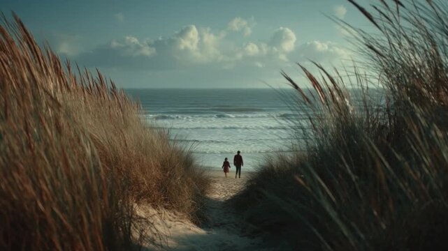 Couple walking through sandy dunes towards the ocean with sea grass and a partly cloudy sky, capturing a peaceful seaside moment and nature's beauty