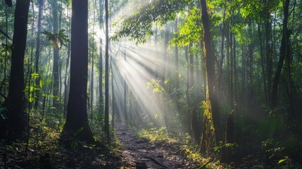 Obraz premium Sunbeams penetrate the dense foliage of a lush green forest, illuminating a dirt path leading deeper into the woods.
