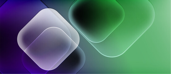 Abstract shapes overlap, creating vibrant purple, green gradients. Soft lighting suggests digital presentation, modern design aesthetic.