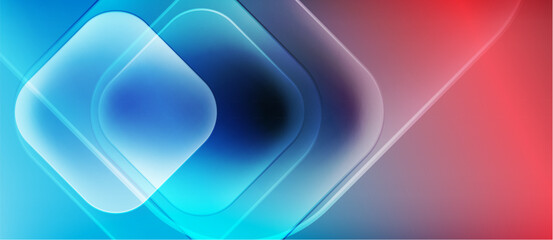 Abstract background features layered squares, gradient colors. Blue transitions to red, creating dynamic visual effect. Smooth shapes dominate composition.