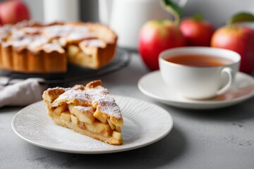 Freshly baked apple pie slice served with tea and whole apples on a minimalist kitchen counter