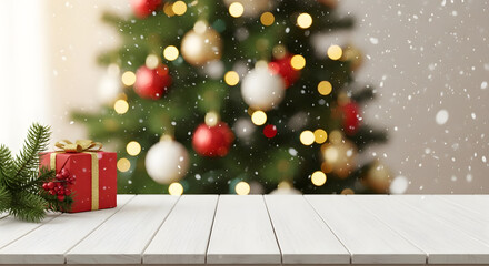 Christmas Gift, Tree, and White Wooden Surface