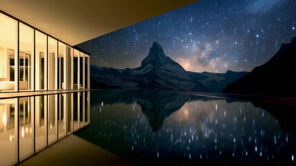 Stunning Reflection of a Mountain Under a Starry Night Sky From an Infinity Pool