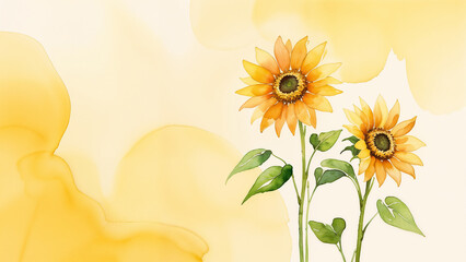 Watercolor sunflowers bloom on right edge with soft yellow space, perfect for text or background use.