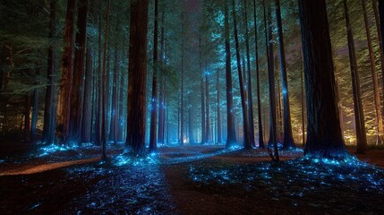 Mystical forest landscape with glowing flora and majestic trees at night