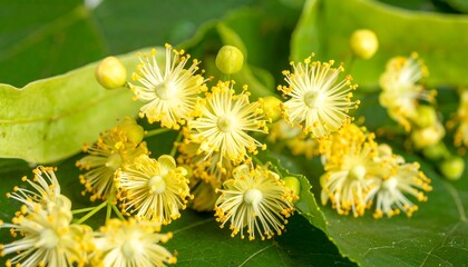 Close-up of delicate yellow linden flowers