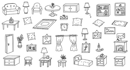 Outline Illustrations of Home Furniture  Interior Decor: From Sofa to Bed, Lamps  More