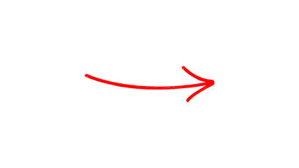 Hand drawn red curved arrow pointing to the right isolated on transparent background