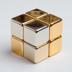 Metallic Gold and Silver Cube on White Background