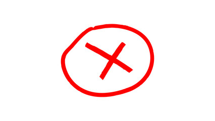 Fototapeta premium Red x symbol drawn with a thick brush stroke inside a red circle isolated on transparent background