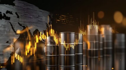 Group of oil barrels are shown on a dark background with a globe in the background. infographic design of oil barrels rising in African regions, golden data overlays, emerging oil markets - Powered by Adobe