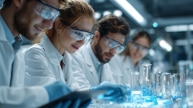 A group of diverse scientists engaged in lab work, collaborating with glassware and equipment while wearing protective gear.