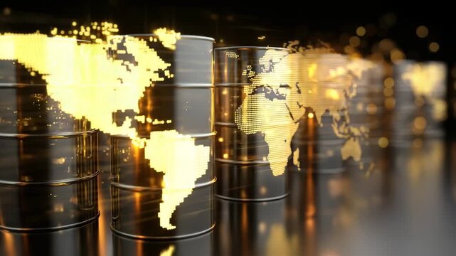 Row of barrels with a globe on top of each one. The globe is gold and has a country on it. infographic design of oil barrels rising in African regions, golden data overlays, emerging oil markets