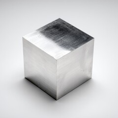 Metallic Silver Cube on White Background Minimalist Geometric Still Life