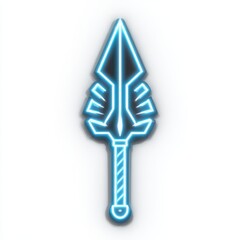 Neon Blue Fantasy Spear with Intricate Carvings on White Background