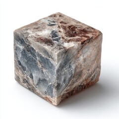 Mottled Gray Brown and Rust Cube Stone on White Background