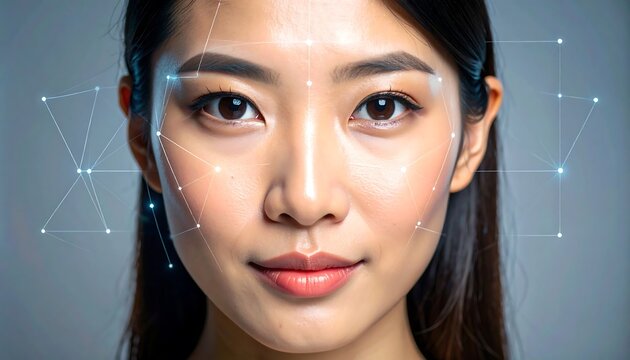 Close-up portrait of a woman with facial recognition technology overlaid