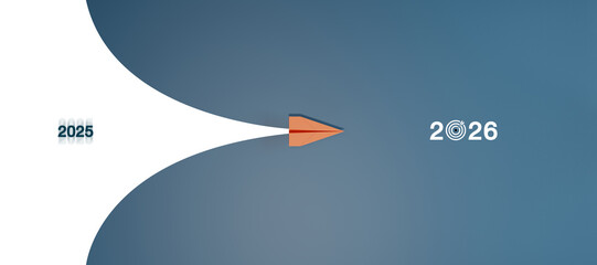Paper plane flying from blurred 2025 into 2026 with target symbol. Concept of new year transition, goal setting, direction, innovation, and strategic planning.