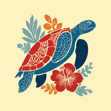 Decorative sea turtle illustration with floral elements and hibiscus flower &ndash; tropical boho style design with natural earthy colors