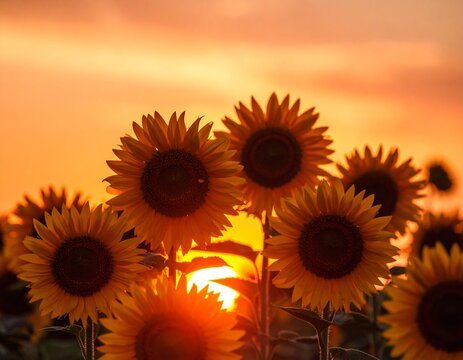 Authentic, full HD photograph of sunflower silhouettes against a vibrant sunrise sky. Capture the dramatic outlines of the sunflowers while showcasing the complementary colors of the dawn sky. Focus o