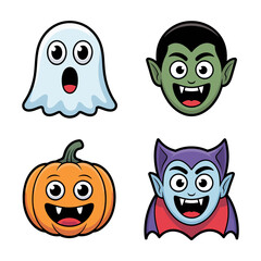 Vector art of a collection of halloween cartoon characters isolated on white background