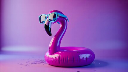 Fototapeta premium Pink inflatable flamingo float wearing sunglasses on purple background